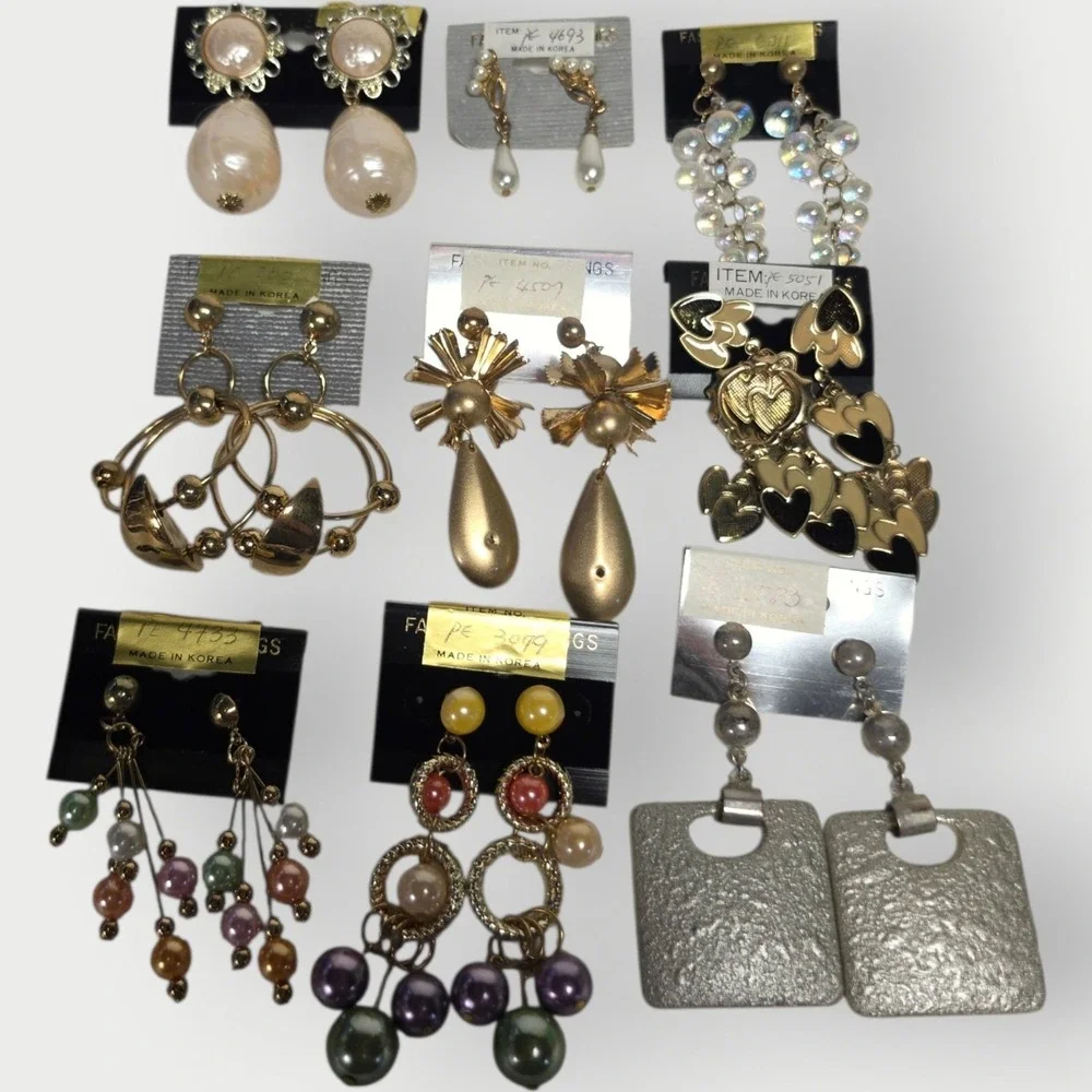 Vintage Korea Costume Fashion Earrings Lot 9 Pairs NOS Deadstock Dangle Statemen